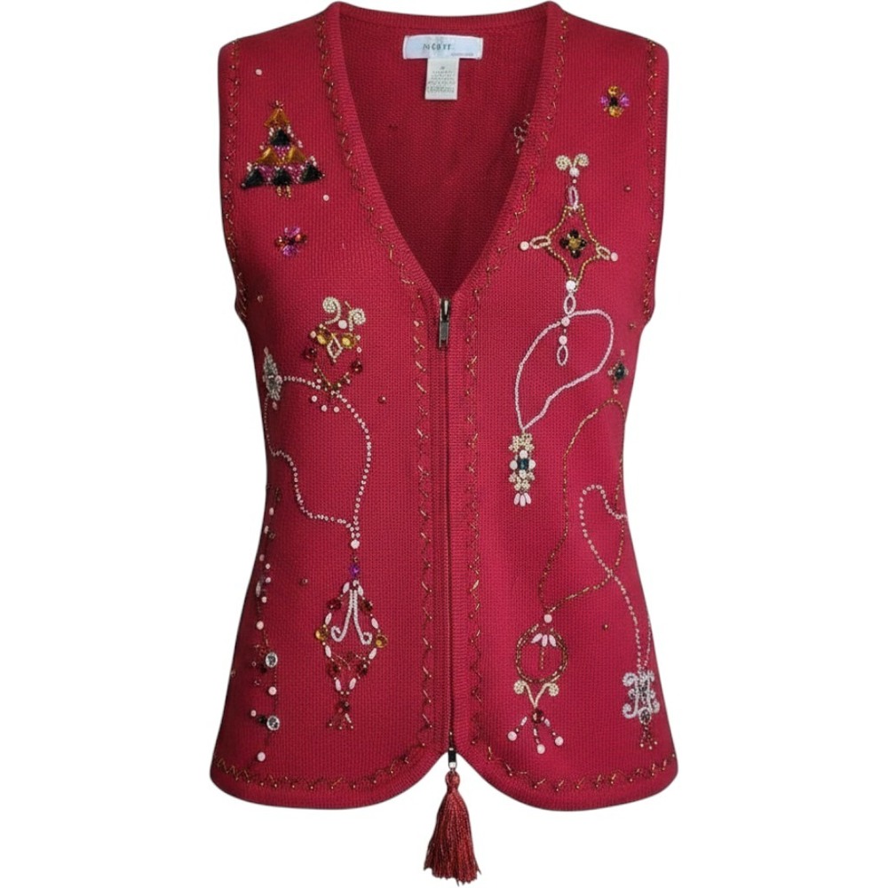 Vintage Kikit Christmas Vest Women M Red Beaded Zip Up Ramie Ugly Sweater Casual